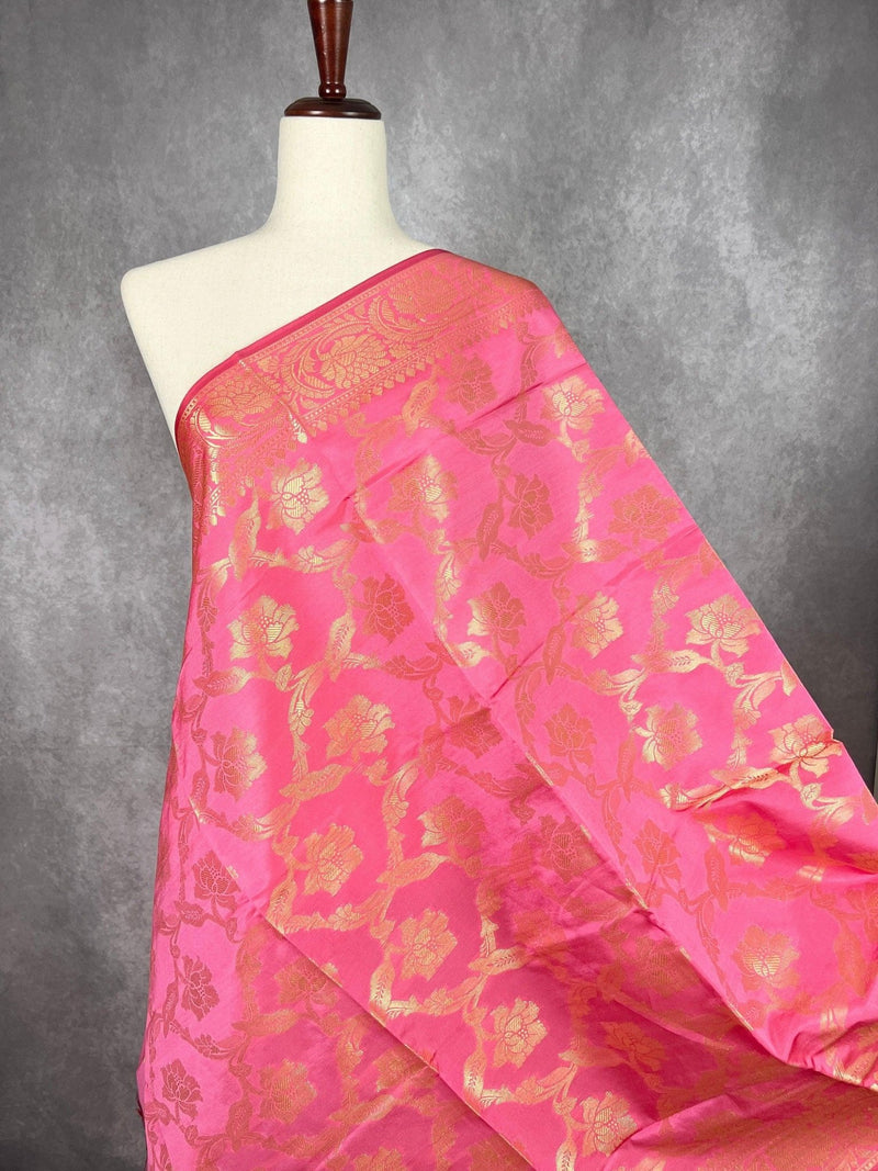 Pink Banarasi Floral Soft Silk dupatta in soft silk (non-pure) with floral jaal with muted gold zari — Kaash Collection