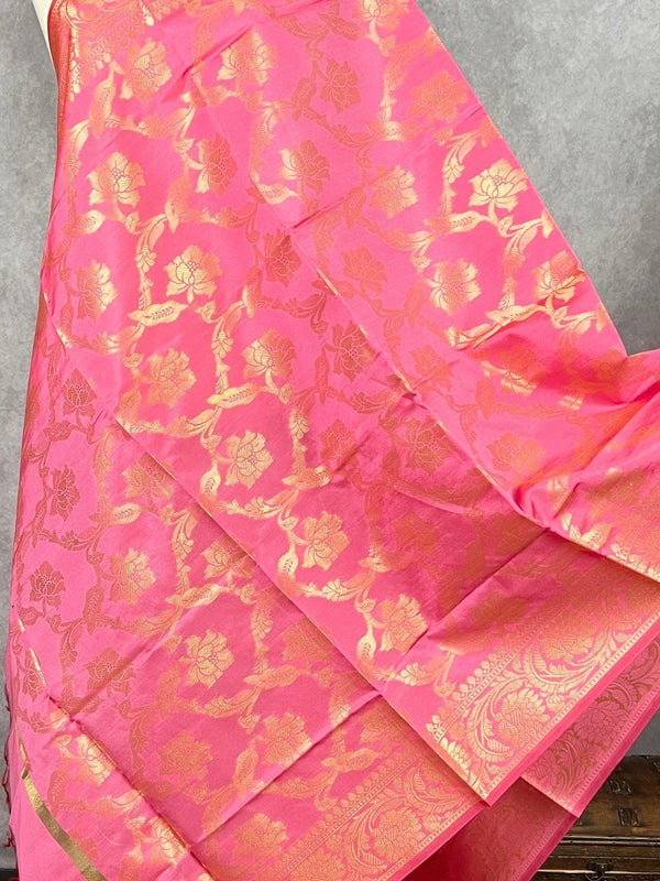 Pink Banarasi Floral Soft Silk dupatta with Muted Gold Zari Weaving | Light Weight Dupatta | Silk Dupatta | Stole | Gift For Her - Kaash