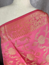 Pink Banarasi Floral Soft Silk dupatta in soft silk (non-pure) with floral jaal with muted gold zari — Kaash Collection