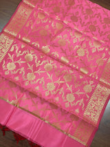 Pink Banarasi Floral Soft Silk dupatta in soft silk (non-pure) with floral jaal with muted gold zari — Kaash Collection