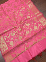 Pink Banarasi Floral Soft Silk dupatta in soft silk (non-pure) with floral jaal with muted gold zari — Kaash Collection
