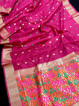 Pink Color Banarsi Cotton Silk Saree with Meenakari and Patola design - Kaash