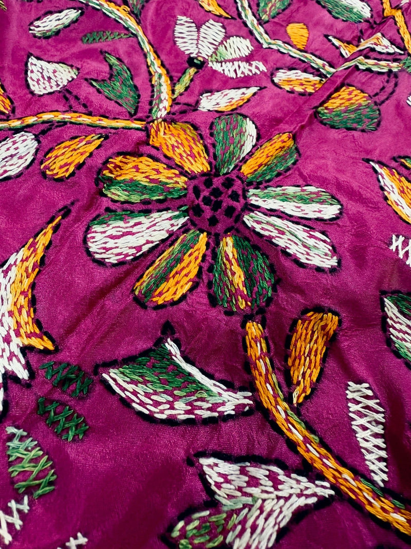Pink hand Kantha stitch saree on Bangalori silk — Kaash Collection