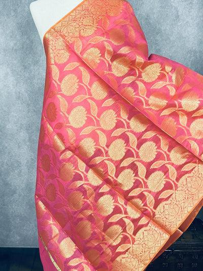 Pink Color Benarasi Handwoven Semi Silk Dupatta with Gold Zari Weaving - Kaash