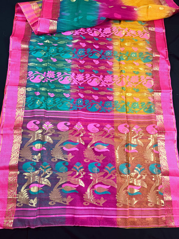 Pink Color Bengal Matka Silk Handloom Saree with Multi Colors| Handloom Sarees | Jamdani Saree - Kaash