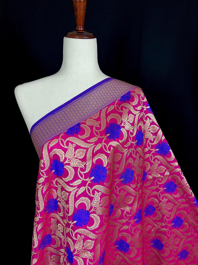 Pink Color Floral Jaal Banarasi Silk Dupatta | Meenkari Royal Blue Flowers with Grand Borders | Floral Dupatta | Benarasi Dupatta - Kaash