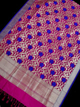Pink Color Floral Jaal Banarasi Silk Dupatta | Meenkari Royal Blue Flowers with Grand Borders | Floral Dupatta | Benarasi Dupatta - Kaash