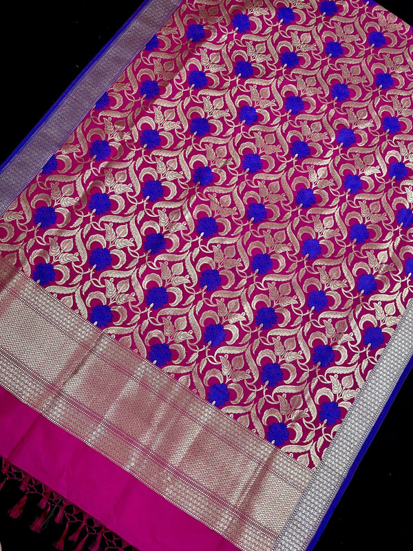 Pink Color Floral Jaal Banarasi Silk Dupatta | Meenkari Royal Blue Flowers with Grand Borders | Floral Dupatta | Benarasi Dupatta - Kaash