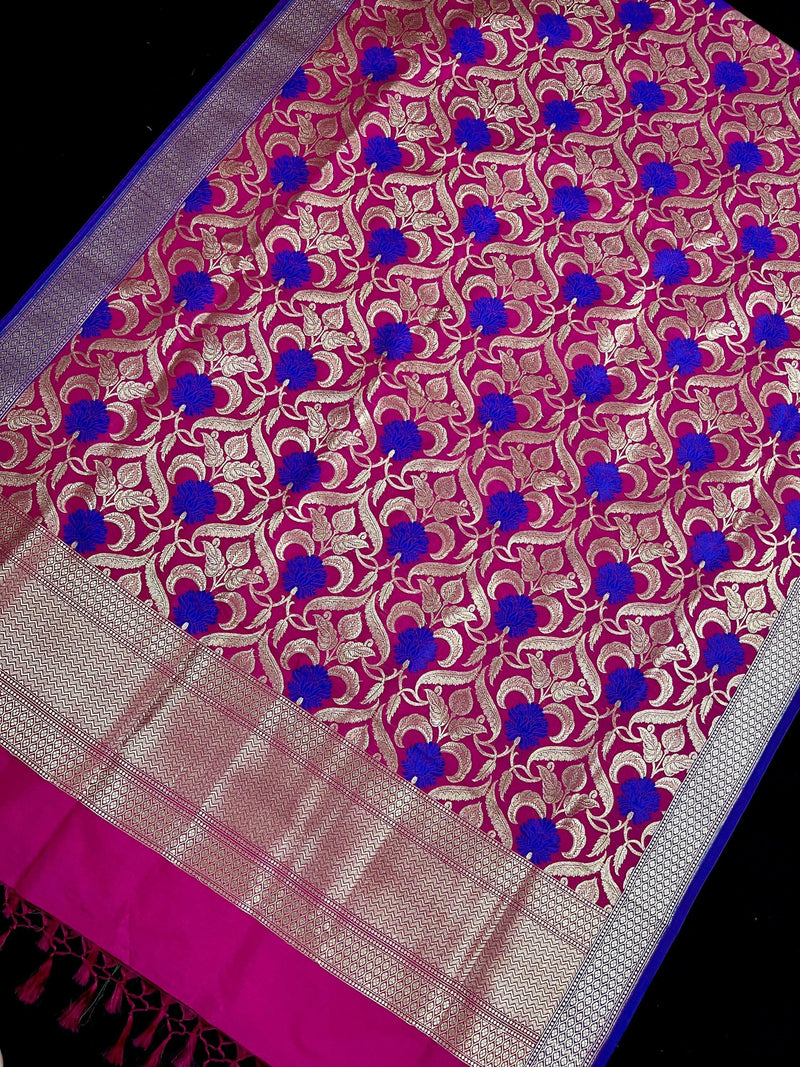 Pink Color Floral Jaal Banarasi Silk Dupatta | Meenkari Royal Blue Flowers with Grand Borders | Floral Dupatta | Benarasi Dupatta - Kaash