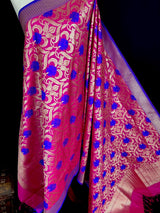 Pink Color Floral Jaal Banarasi Silk Dupatta | Meenkari Royal Blue Flowers with Grand Borders | Floral Dupatta | Benarasi Dupatta - Kaash