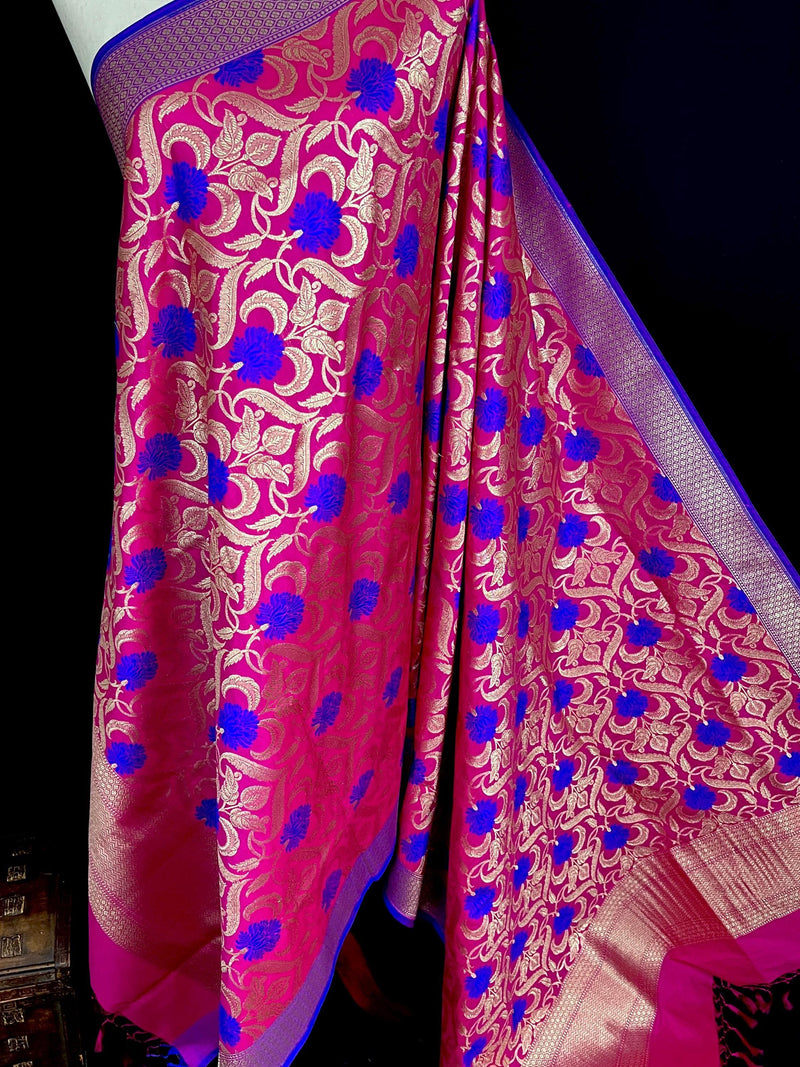 Pink Color Floral Jaal Banarasi Silk Dupatta | Meenkari Royal Blue Flowers with Grand Borders | Floral Dupatta | Benarasi Dupatta - Kaash