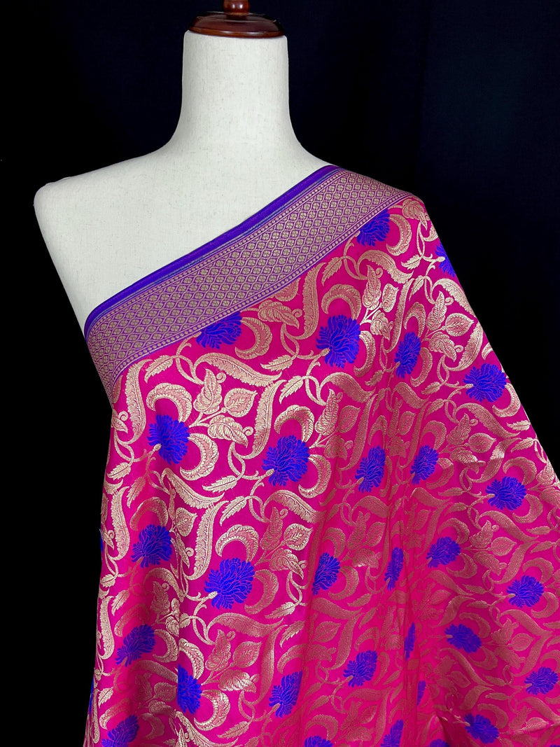 Pink Color Floral Jaal Banarasi Silk Dupatta | Meenkari Royal Blue Flowers with Grand Borders | Floral Dupatta | Benarasi Dupatta - Kaash