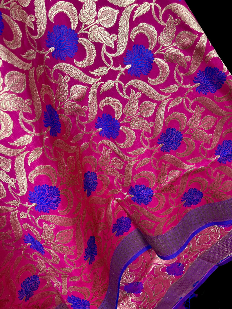 Pink Color Floral Jaal Banarasi Silk Dupatta | Meenkari Royal Blue Flowers with Grand Borders | Floral Dupatta | Benarasi Dupatta - Kaash