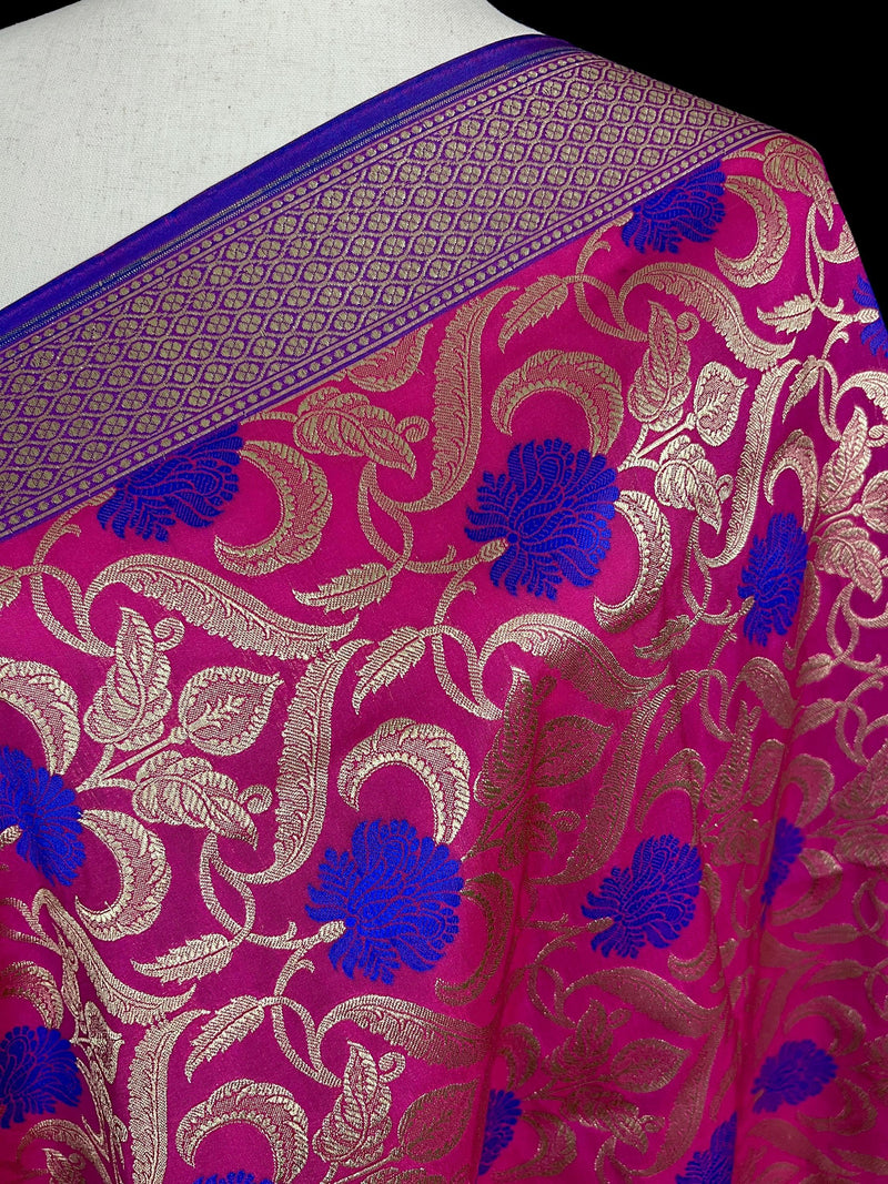 Pink Color Floral Jaal Banarasi Silk Dupatta | Meenkari Royal Blue Flowers with Grand Borders | Floral Dupatta | Benarasi Dupatta - Kaash