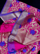 Pink Color Floral Jaal Banarasi Silk Dupatta | Meenkari Royal Blue Flowers with Grand Borders | Floral Dupatta | Benarasi Dupatta - Kaash