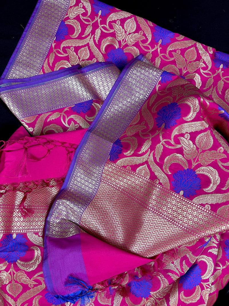 Pink Color Floral Jaal Banarasi Silk Dupatta | Meenkari Royal Blue Flowers with Grand Borders | Floral Dupatta | Benarasi Dupatta - Kaash