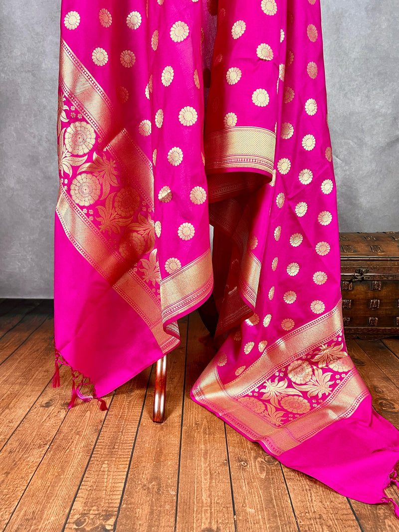Pink Color Handmade Soft Silk Zari Weaved Dupatta with Chakras | Indian Dupatta | Stole | Gift For Her | Dupatta for Lehenga - Kaash