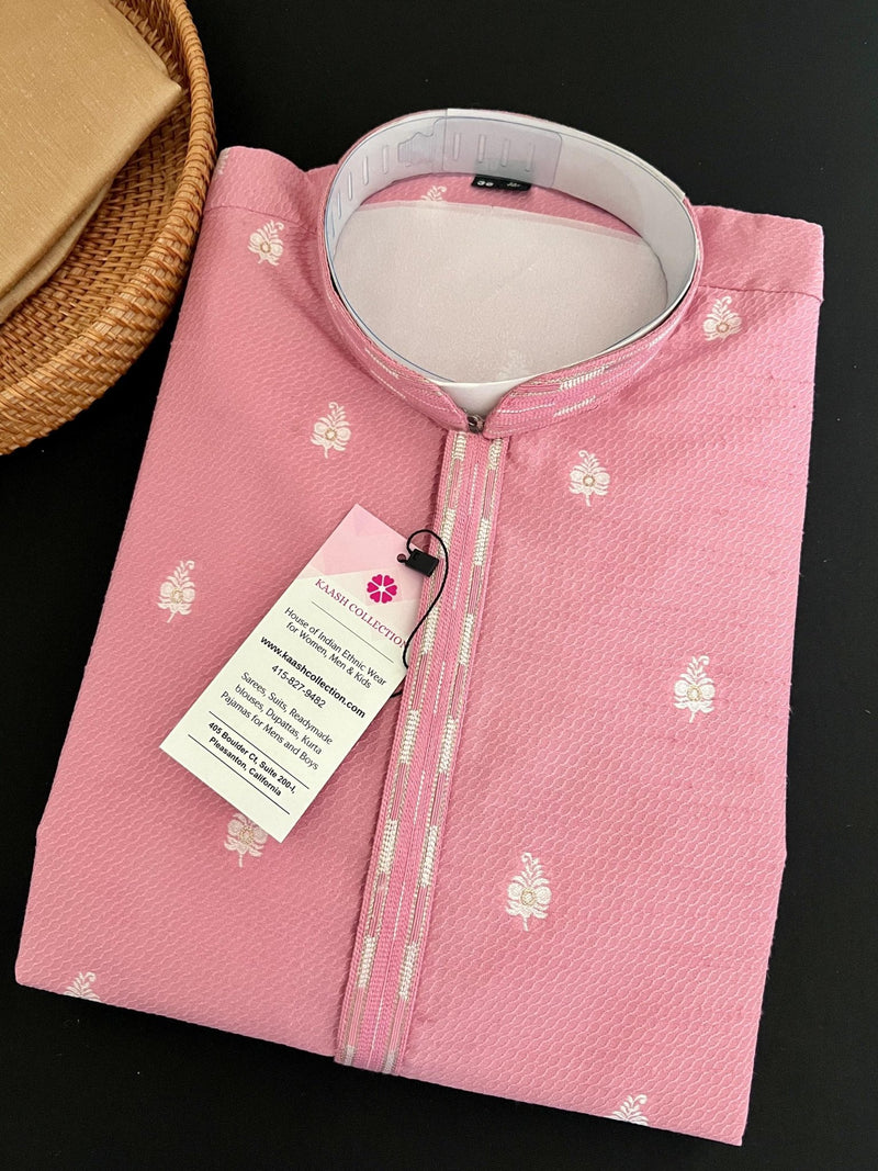 Pink men's kurta pajama in raw silk (non-pure) with self-weave design with cotton lining — Kaash Collection