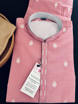 Pink men's kurta pajama in raw silk (non-pure) with self-weave design with cotton lining — Kaash Collection
