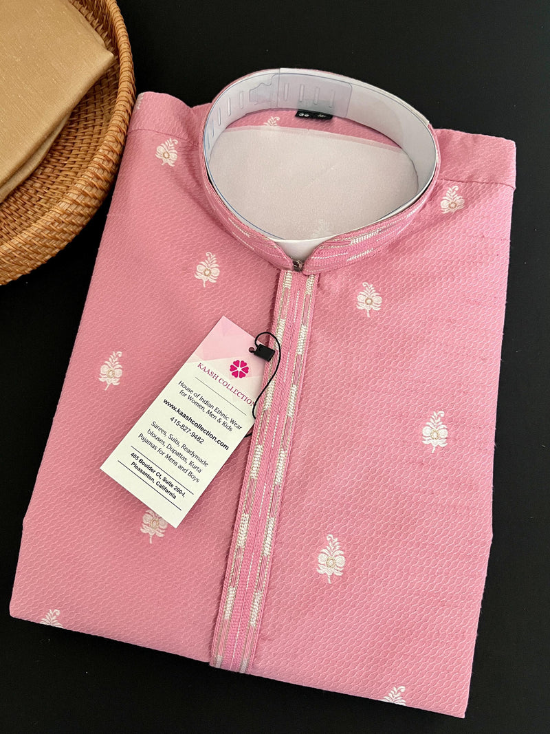 Pink Color Kurta Pajama for Men with Self Design and Embroidery Work with Lining | Men Ethnic Wear | Wedding Wear Kurta for Men - Kaash