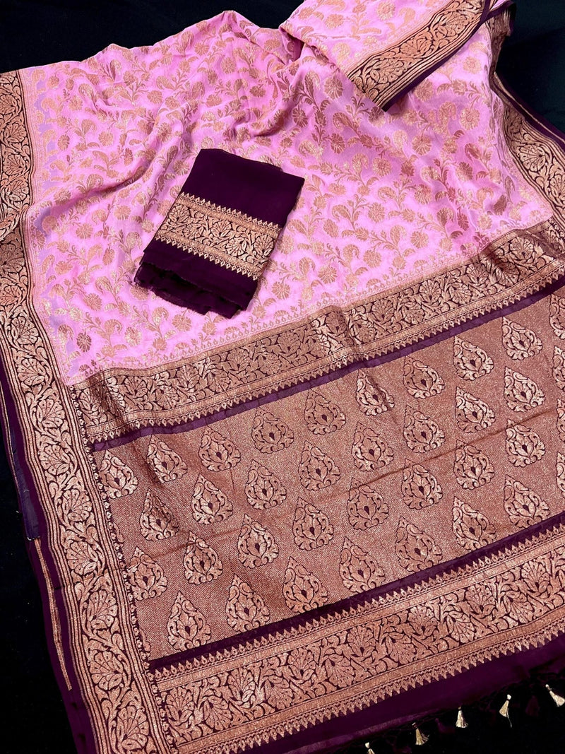 Pink with Wine pure khaddi georgette banarasi silk saree with antique copper zari weave — Kaash Collection