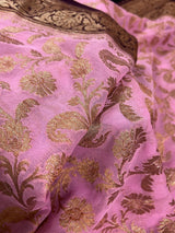Pink with Wine pure khaddi georgette banarasi silk saree with antique copper zari weave — Kaash Collection