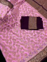 Pink with Wine pure khaddi georgette banarasi silk saree with antique copper zari weave — Kaash Collection