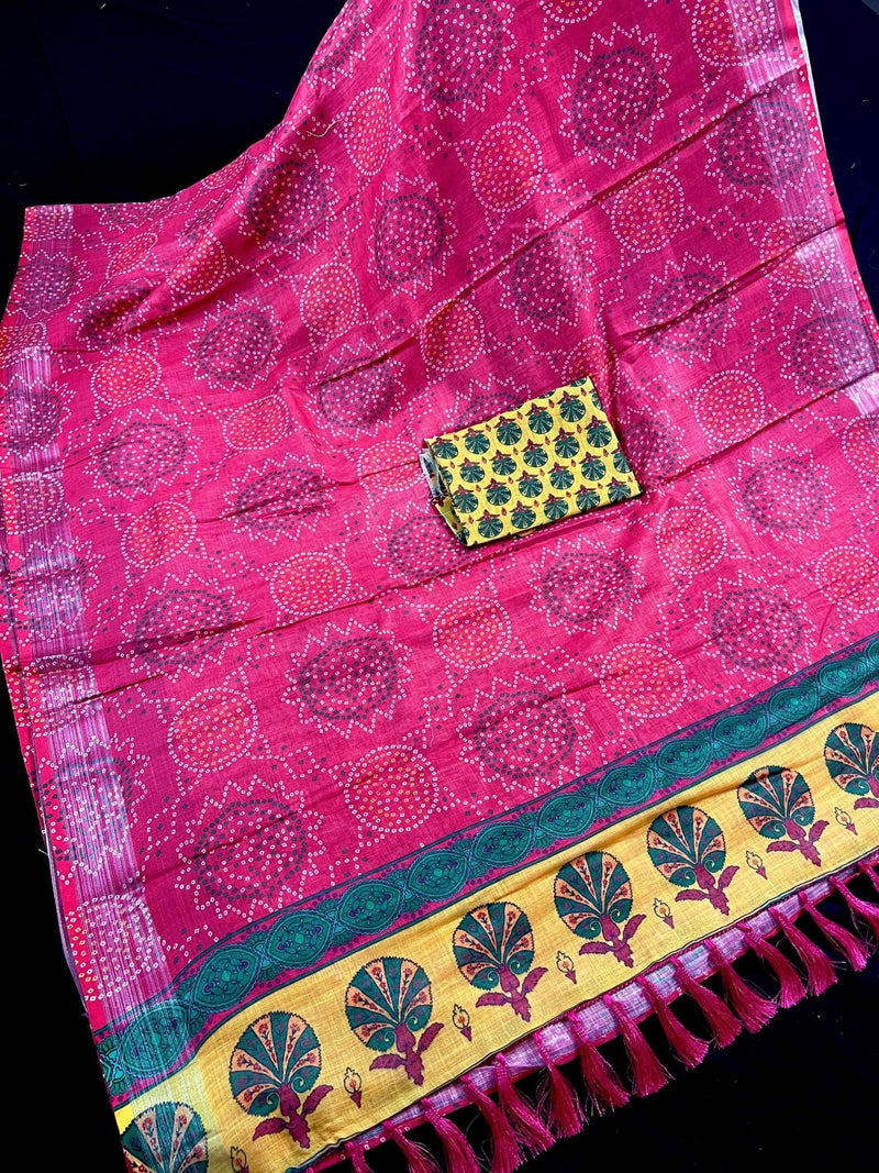 Pink Color Pure Linen by Linen Saree with Bandhani Bandhej Prints - Kaash