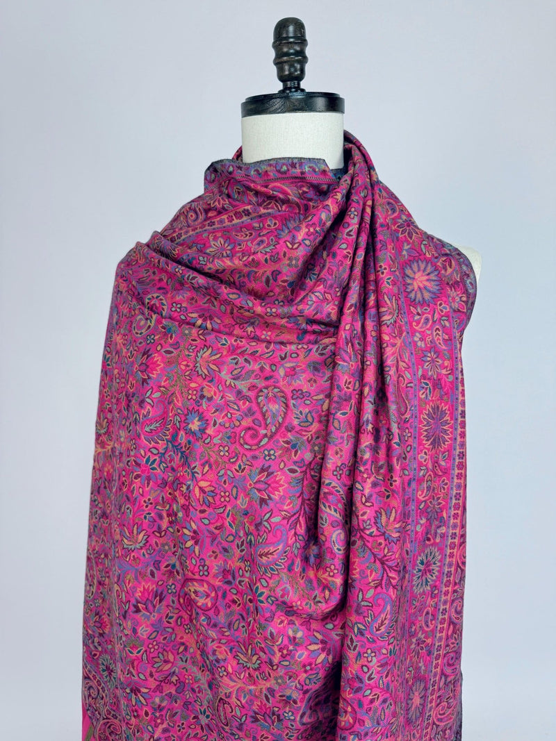 Pink wool cashmere Kashmiri shawl with floral jaal weave pattern — Kaash Collection