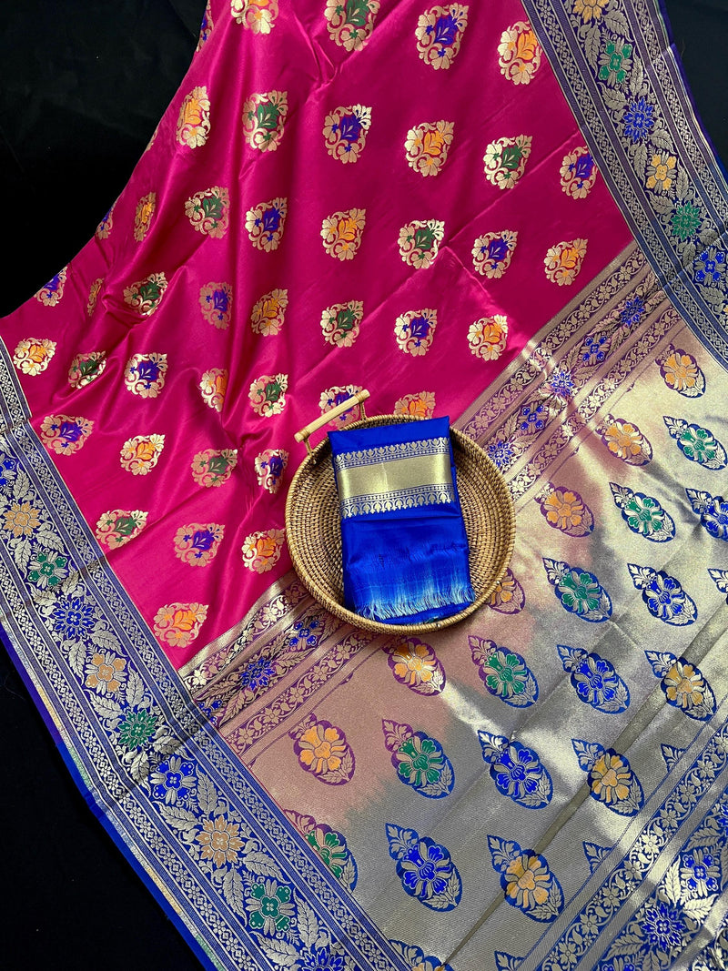 Pink Traditional Banarasi Handloom Saree in Banarasi Silk - Meenakari Floral Butta - Kaash