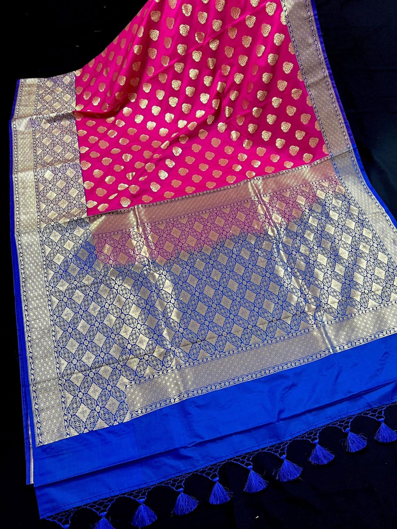 Pink with Blue Color Traditional Banarasi Handloom Silk Saree - Wide Border - Floral Butta - Banarasi Silk Saree - Kaash