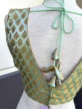 Pista Green Banarasi Sleeveless (Size 40) ready-to-wear blouse with gold buttis sleeveless with back tassels — Kaash Collection