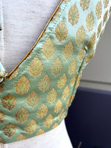 Pista Green Banarasi Sleeveless (Size 40) ready-to-wear blouse with gold buttis sleeveless with back tassels — Kaash Collection