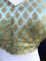 Pista Green Banarasi Sleeveless (Size 40) ready-to-wear blouse with gold buttis sleeveless with back tassels — Kaash Collection