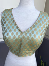 Pista Green Banarasi Sleeveless (Size 40) ready-to-wear blouse with gold buttis sleeveless with back tassels — Kaash Collection