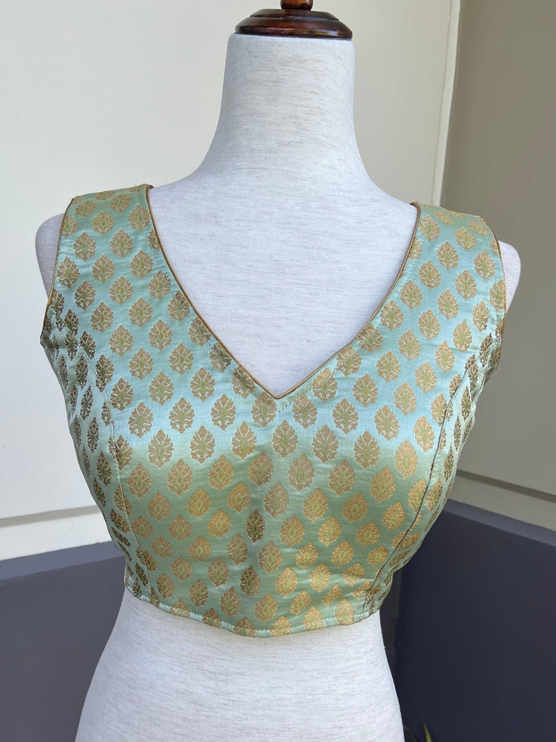 Pista Green Banarasi Sleeveless (Size 40) ready-to-wear blouse with gold buttis sleeveless with back tassels — Kaash Collection