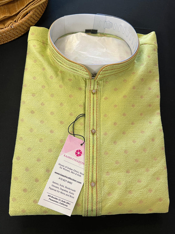 Pista Green Color Jute Silk Kurta Pajama Set for Men - Self Embroidery and Zari Work - Wedding Kurta for Men - Indian Outfit in Green Color - Kaash