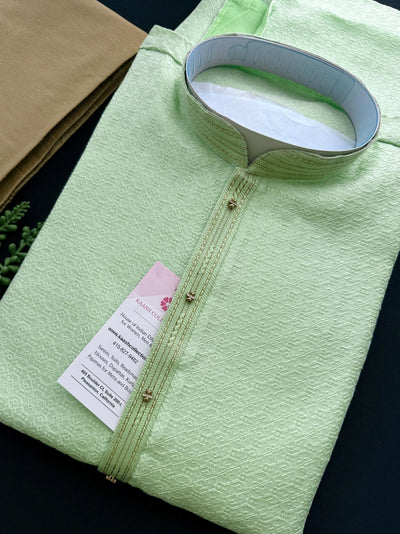 Pista Green men's kurta pajama in raw silk with self-design texture with soft lining — Kaash Collection