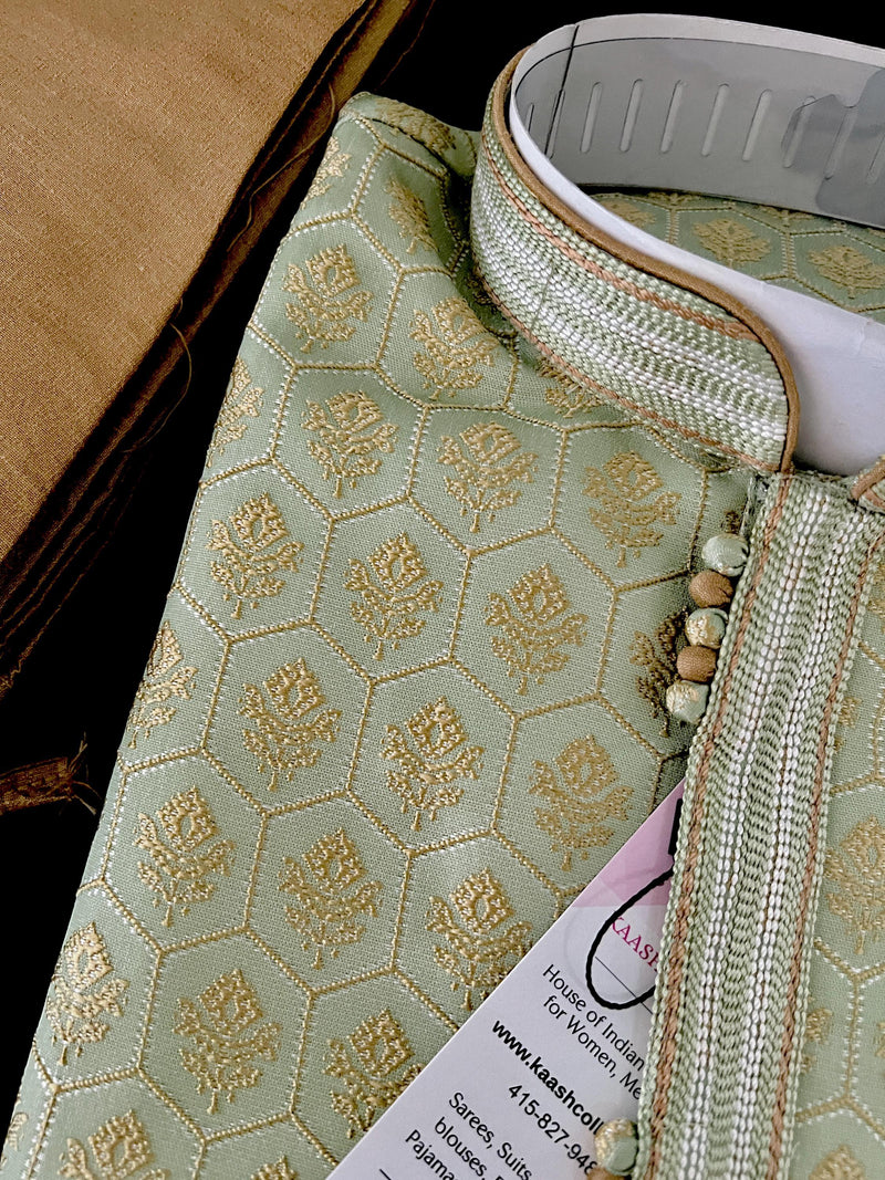 Pista Green Color Men Kurta Pajama Set with Floral Embossed Design in Gold in Banarasi Butter Soft Silk | Indian Wedding Outfit for Men - Kaash