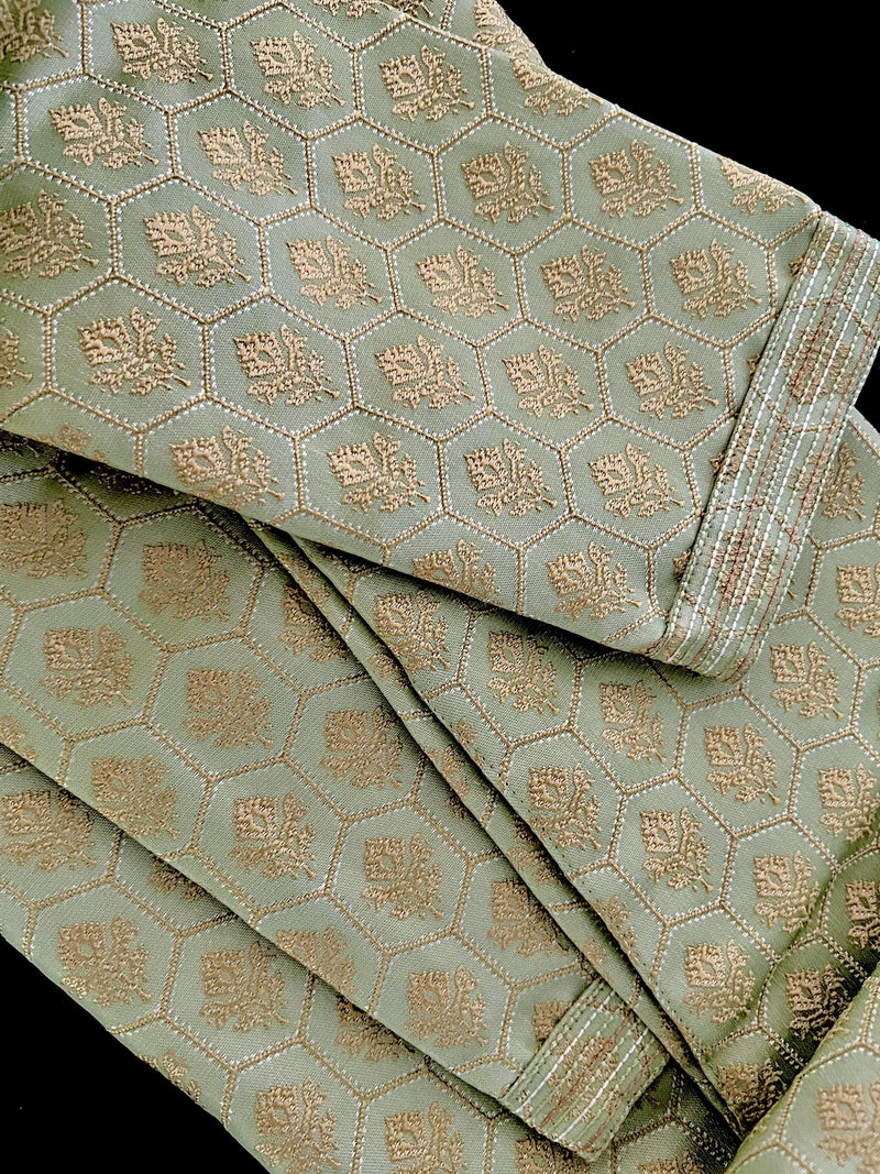 Pista Green Color Men Kurta Pajama Set with Floral Embossed Design in Gold in Banarasi Butter Soft Silk | Indian Wedding Outfit for Men - Kaash