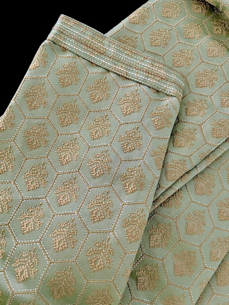 Pista Green Color Men Kurta Pajama Set with Floral Embossed Design in Gold in Banarasi Butter Soft Silk | Indian Wedding Outfit for Men - Kaash