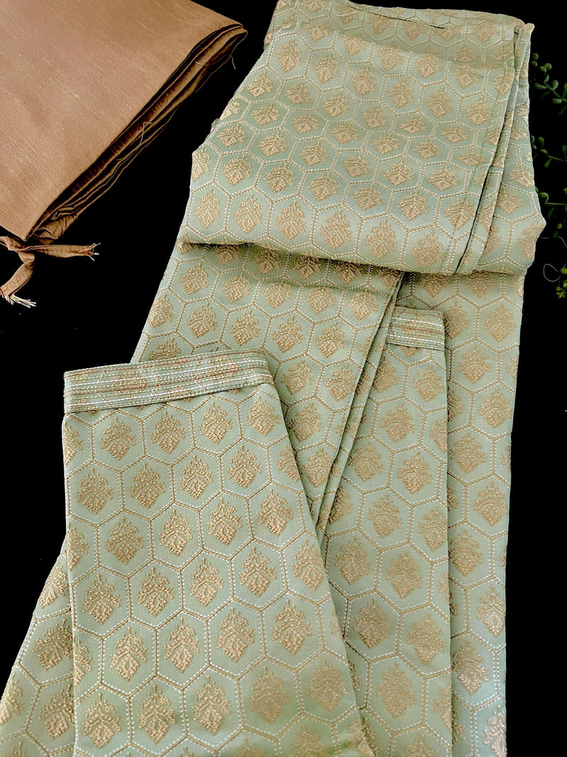 Pista Green Color Men Kurta Pajama Set with Floral Embossed Design in Gold in Banarasi Butter Soft Silk | Indian Wedding Outfit for Men - Kaash