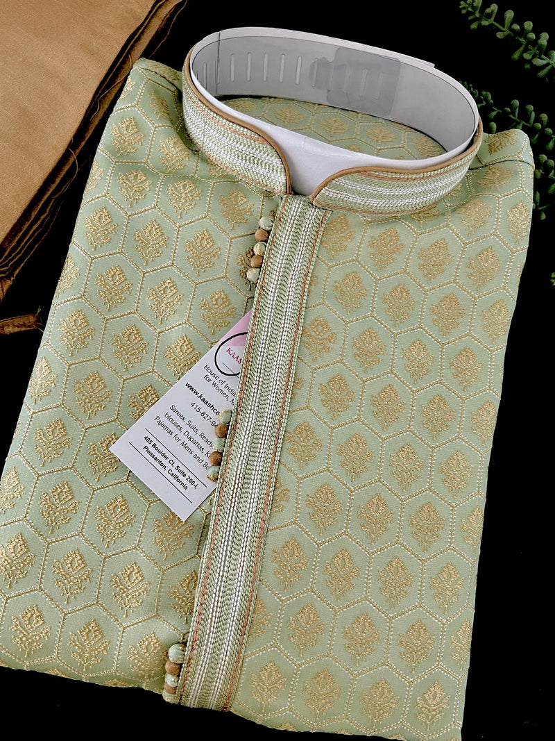 Pista Green Color Men Kurta Pajama Set with Floral Embossed Design in Gold in Banarasi Butter Soft Silk | Indian Wedding Outfit for Men - Kaash