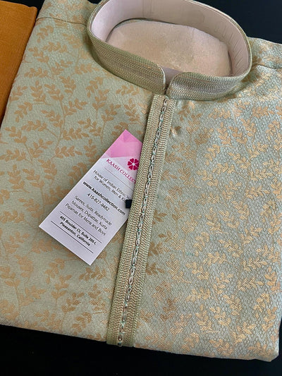 Pista Green Color Men Kurta Pajama with Floral Jaal in Gold - Kaash