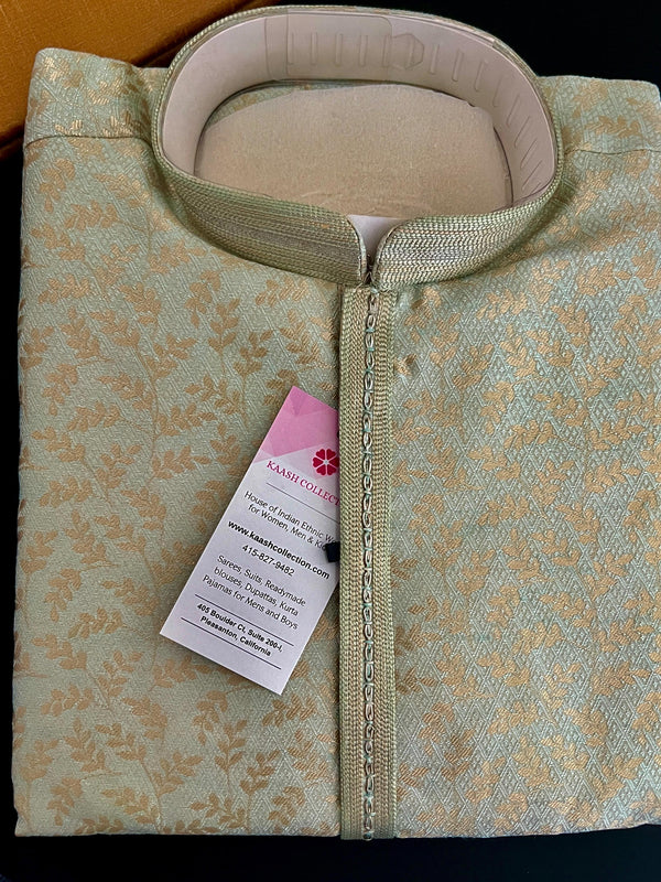 Pista Green Color Men Kurta Pajama with Floral Jaal in Gold | Men Ethnic Wear | Indian Pakistani Men Wear | Sherwani Style Kurta with Lining - Kaash