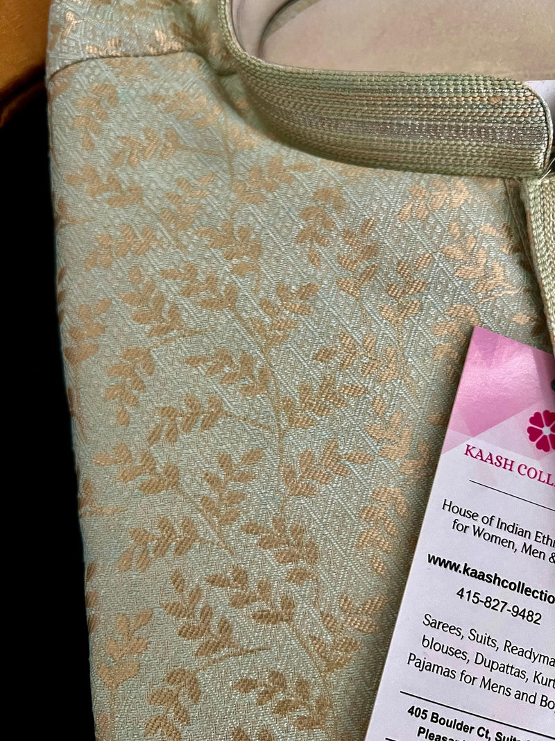 Pista Green Color Men Kurta Pajama with Floral Jaal in Gold | Men Ethnic Wear | Indian Pakistani Men Wear | Sherwani Style Kurta with Lining - Kaash