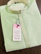Pastel Pista Green men's kurta pajama in silk (non-pure) with self-weave designer material — Kaash Collection