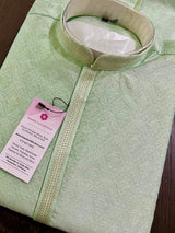 Pastel Pista Green men's kurta pajama in silk (non-pure) with self-weave designer material — Kaash Collection