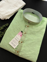 Pista Green Men’s Kurta Pajama in Raw Silk with Self Design - Kaash