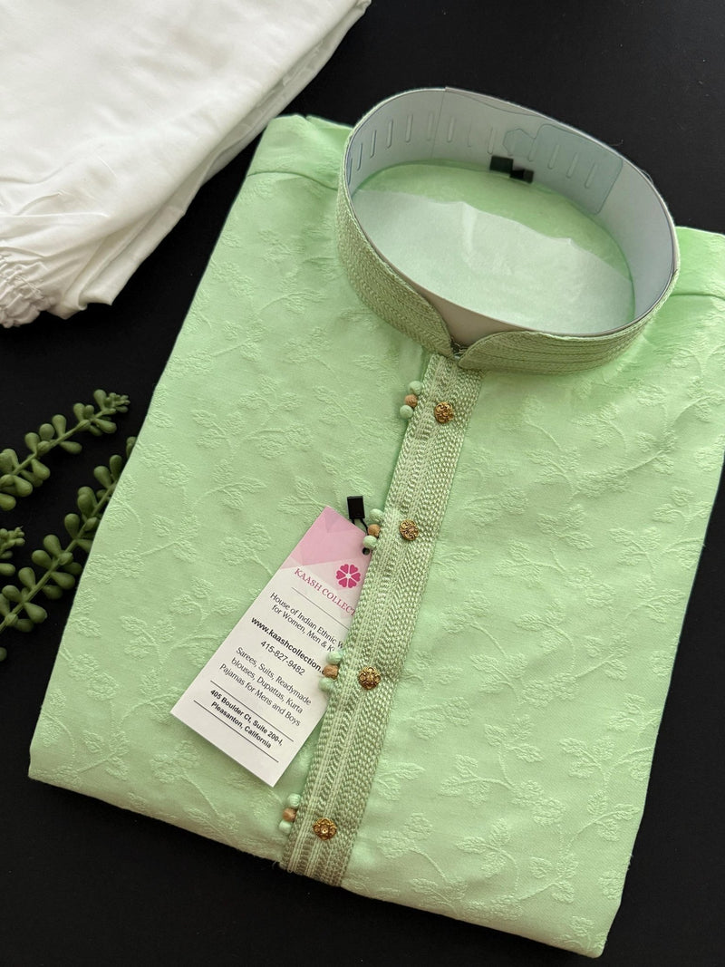 Pista Green Men’s Kurta Pajama in Raw Silk with Self Design - Kaash